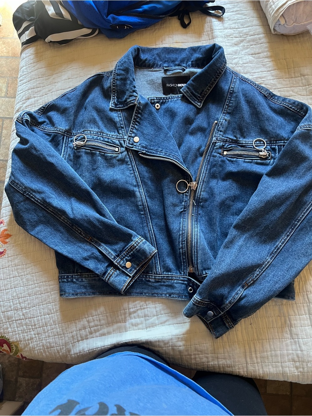 Fashion Nova Dark Blue Denim Moto Maliks biker jacket with Ring Hardware